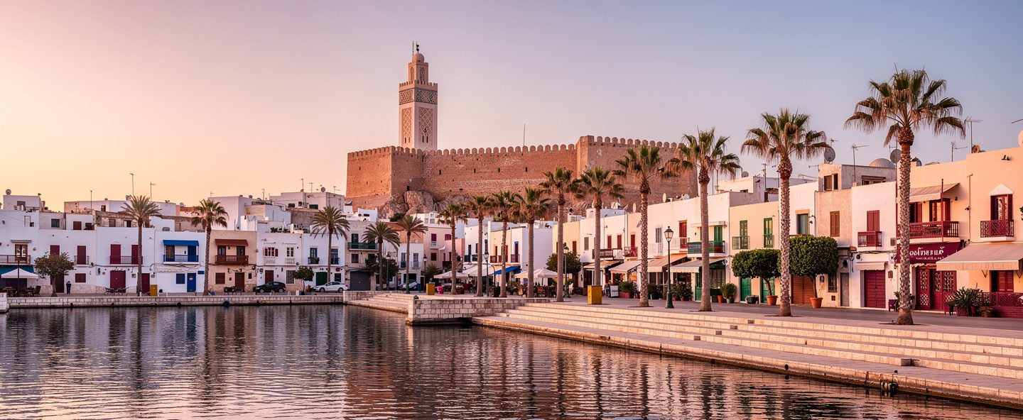 بلدة ساحلية في شمال أفريقيا بمبان بيضاء ونخيل وقلعة ومئذنة في ضوء الصباح الوردي