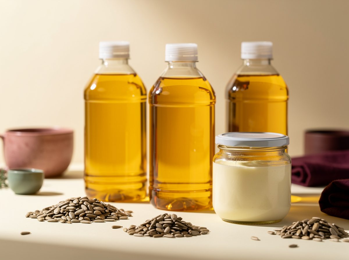 قوارير زيت دوار الشمس وبرطمان سمن، وحولها بذور دوار الشمس